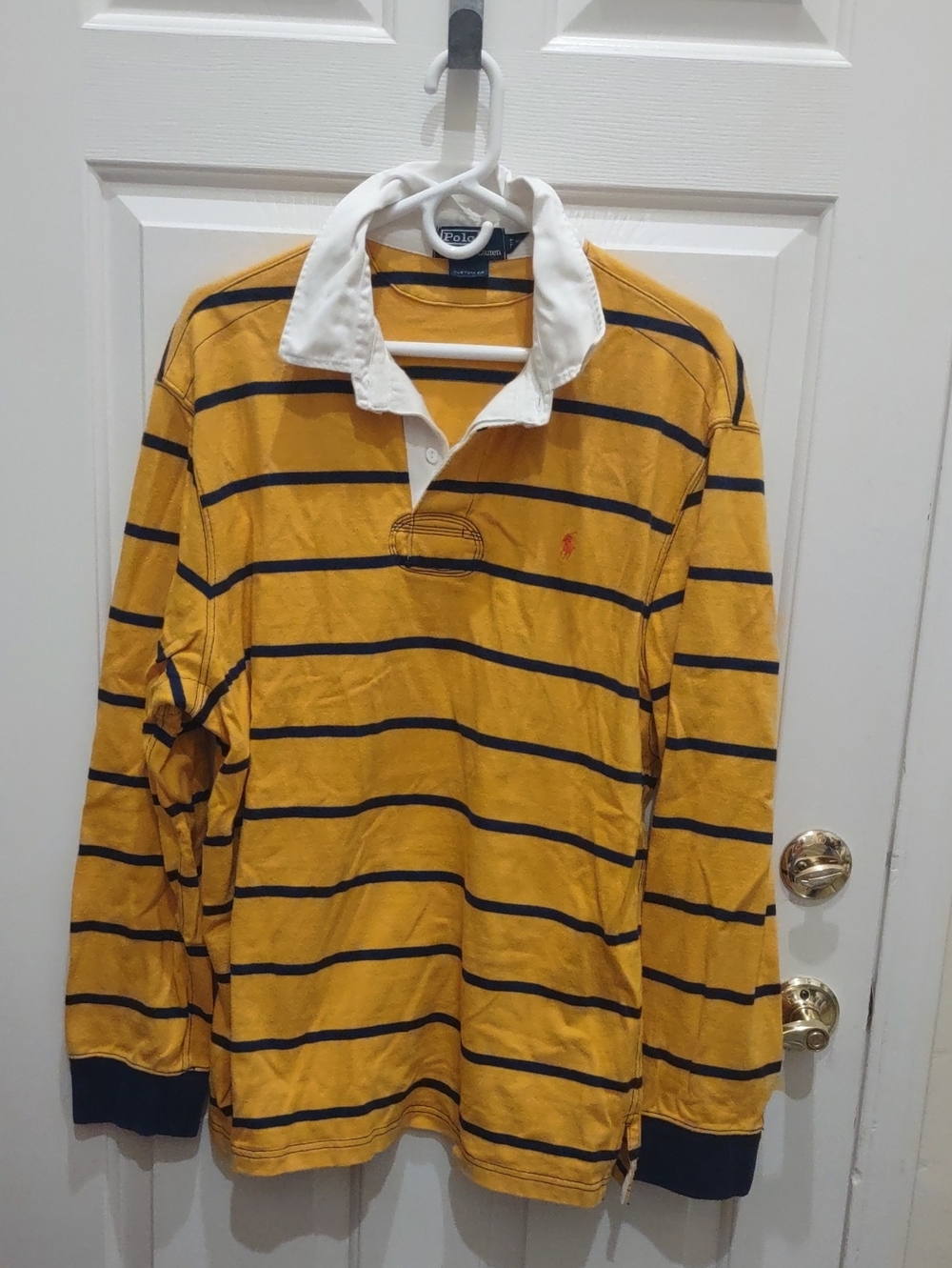 Ralph Lauren Men’s Yellow and Navy Striped Rugby Polo